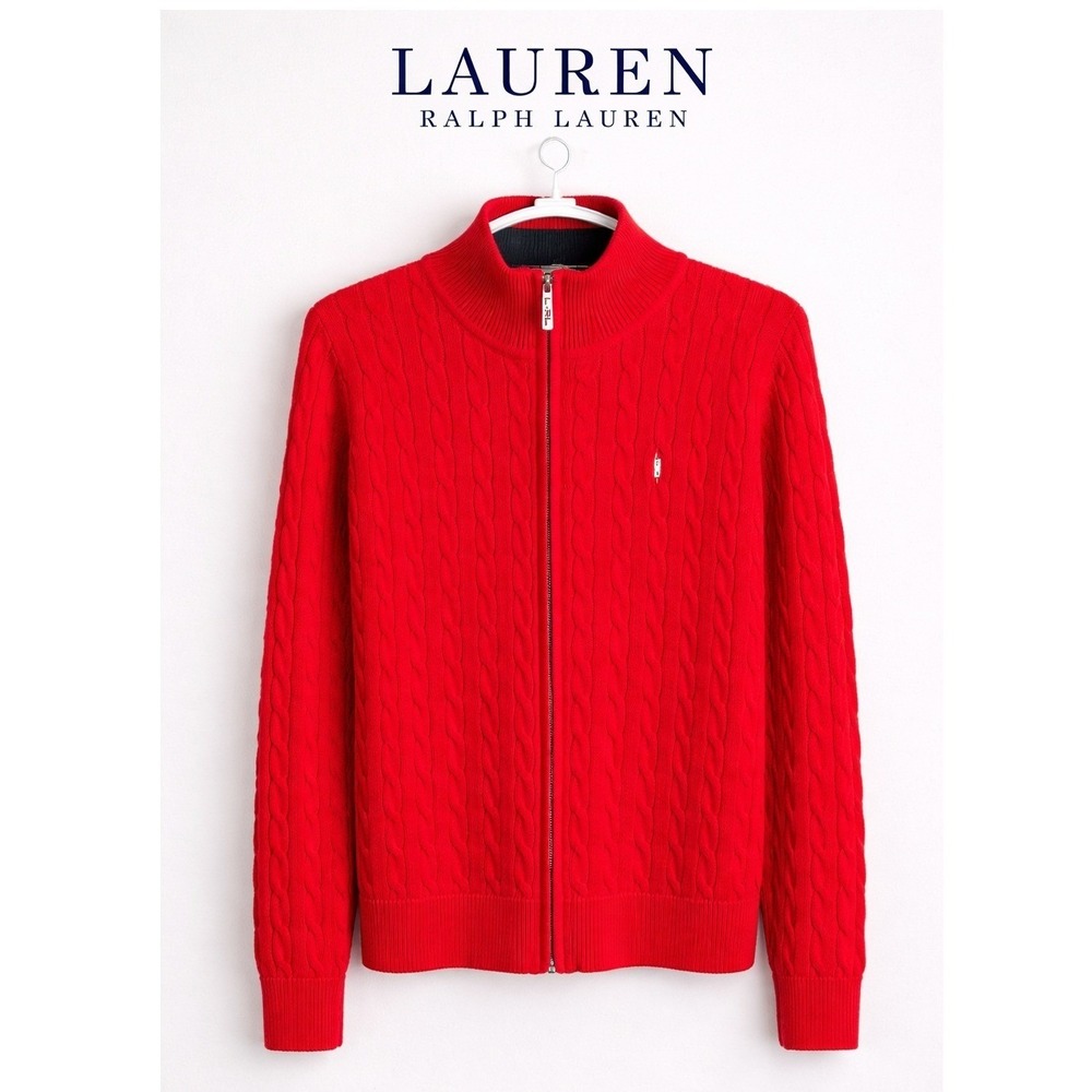 Lauren Ralph Lauren Red Cable Knit Zip Sweater Classic Preppy L
